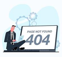 een 404 niet gevonden fout. zakenman werken Aan een laptop, hij kreeg een 404 fout. vlak vector illustratie.