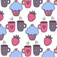 patroon liefde met kop thee, aardbei en koekje. kleur afdrukken. pictogrammen vector illustraties.