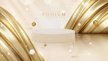 productdisplay-podium met gouden curve-lijnelement en baldecoratie en glitter-lichteffect. vector