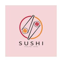 sushi logo template.vector pictogram stijl illustratie bar of winkel, sushi, zalm roll, sushi en broodjes met eetstokje bar of restaurant vector logo sjabloon