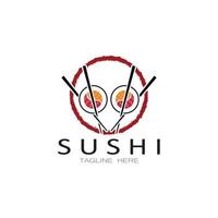 sushi logo template.vector pictogram stijl illustratie bar of winkel, sushi, zalm roll, sushi en broodjes met eetstokje bar of restaurant vector logo sjabloon