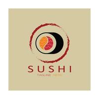 sushi logo template.vector pictogram stijl illustratie bar of winkel, sushi, zalm roll, sushi en broodjes met eetstokje bar of restaurant vector logo sjabloon