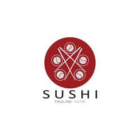 sushi logo template.vector pictogram stijl illustratie bar of winkel, sushi, zalm roll, sushi en broodjes met eetstokje bar of restaurant vector logo sjabloon