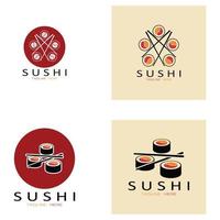 sushi logo template.vector pictogram stijl illustratie bar of winkel, sushi, zalm roll, sushi en broodjes met eetstokje bar of restaurant vector logo sjabloon