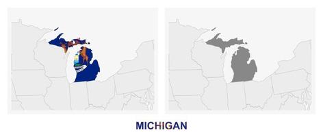 twee versies van de kaart van ons staat Michigan, met de vlag van Michigan en gemarkeerd in donker grijs. vector