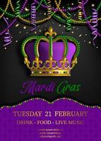 mardi gras poster met parels en wimpels. mardi gras achtergrond met driekleur kroon vector