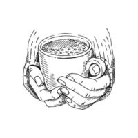 hand- getrokken schetsen van handen Holding een kop van koffie, thee enz. vector illustratie geïsoleerd Aan wit achtergrond.