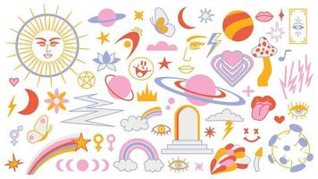 magie achtergrond groovy in retro neiging stijl met clip art elementen. mystiek vector geïsoleerd patroon. bewerkbare beroerte clip art stickers. esoterisch element hekserij. verzameling van occult symbolen y2k