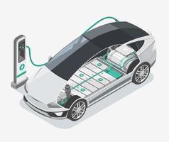e-mobiliteit ev elektrisch auto hou op Bij opladen station ecologie besnoeiing binnen tonen accu concept isometrische geïsoleerd vector