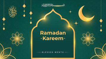 Ramadan kareem groen poster ontwerp met Islamitisch decoratie en maan reciteren en mooi patroon vector illustratie