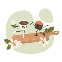 schattig tekenfilm karakter dansen Aan houten bord. Japans nigiri sushi rollen met kom van saus. Aziatisch gerecht. tekening getrokken vector illustratie voor menu, poster, folder, banier, Koken concept