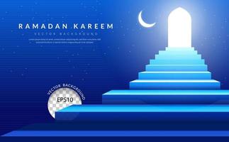 Ramadan kareem banier, de blauw trap Leidt omhoog naar de moskee deur Aan een nacht lucht gevulde met sterren en een maan. vector illustratie