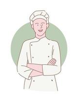 professioneel chef met glimlach en gekruiste armen met schets of lijn en schoon gemakkelijk stijl vector