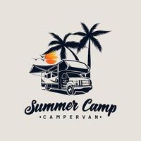 zomer kamp auto met camper busje logo stijl vector