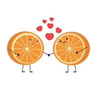 paar van sinaasappels in liefde. concept voor Valentijnsdag dag, een paar- van voor de helft van oranje met hart. vector illustratie.