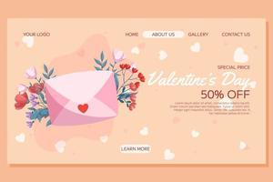 st. Valentijnsdag dag landen bladzijde sjabloon ontwerp. roze Gesloten omhullen, rood en roze bloemen groen bladeren Aan beige achtergrond. speciaal prijs concept online boodschappen doen vector