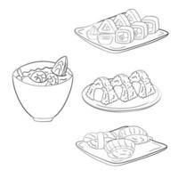 reeks van sushi en onigiri Aan platen, lijn kunst. vector illustratie Aan een wit achtergrond.