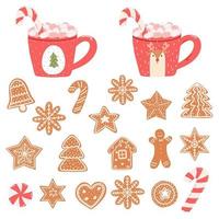 schattig mokken met marshmallows, snoep riet en peperkoek koekjes in tekenfilm stijl. hand- getrokken vector illustratie van heet drankjes en Kerstmis snoepgoed.