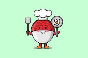 schattig tekenfilm lychee chef Holding pan en spatel vector