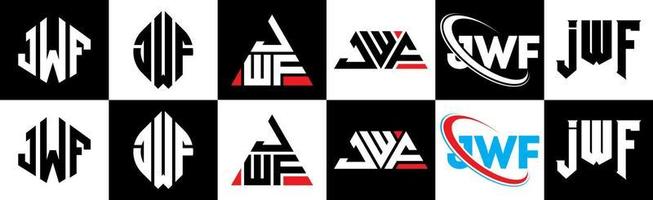 jwf brief logo ontwerp in zes stijl. jwf veelhoek, cirkel, driehoek, zeshoek, vlak en gemakkelijk stijl met zwart en wit kleur variatie brief logo reeks in een tekengebied. jwf minimalistische en klassiek logo vector