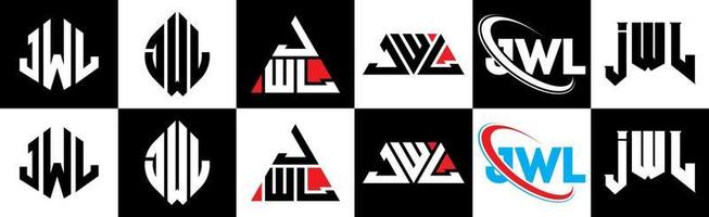 jwl brief logo ontwerp in zes stijl. jwl veelhoek, cirkel, driehoek, zeshoek, vlak en gemakkelijk stijl met zwart en wit kleur variatie brief logo reeks in een tekengebied. jwl minimalistische en klassiek logo vector