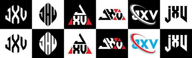jxv brief logo ontwerp in zes stijl. jxv veelhoek, cirkel, driehoek, zeshoek, vlak en gemakkelijk stijl met zwart en wit kleur variatie brief logo reeks in een tekengebied. jxv minimalistische en klassiek logo vector