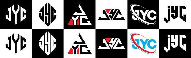 jyc brief logo ontwerp in zes stijl. jyc veelhoek, cirkel, driehoek, zeshoek, vlak en gemakkelijk stijl met zwart en wit kleur variatie brief logo reeks in een tekengebied. jyc minimalistische en klassiek logo vector