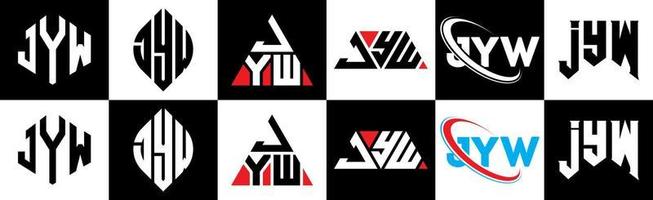 jyw brief logo ontwerp in zes stijl. jyw veelhoek, cirkel, driehoek, zeshoek, vlak en gemakkelijk stijl met zwart en wit kleur variatie brief logo reeks in een tekengebied. jyw minimalistische en klassiek logo vector