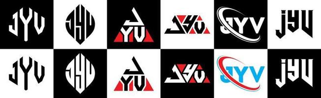 jyv brief logo ontwerp in zes stijl. jyv veelhoek, cirkel, driehoek, zeshoek, vlak en gemakkelijk stijl met zwart en wit kleur variatie brief logo reeks in een tekengebied. jyv minimalistische en klassiek logo vector