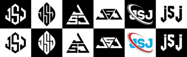 jsj brief logo ontwerp in zes stijl. jsj veelhoek, cirkel, driehoek, zeshoek, vlak en gemakkelijk stijl met zwart en wit kleur variatie brief logo reeks in een tekengebied. jsj minimalistische en klassiek logo vector