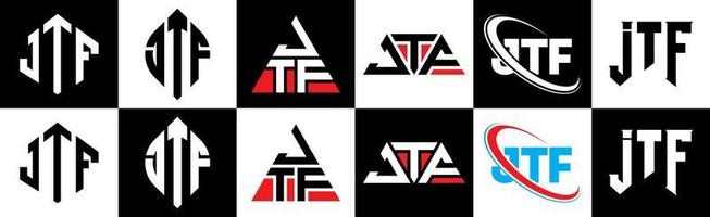 jtf brief logo ontwerp in zes stijl. jtf veelhoek, cirkel, driehoek, zeshoek, vlak en gemakkelijk stijl met zwart en wit kleur variatie brief logo reeks in een tekengebied. jtf minimalistische en klassiek logo vector