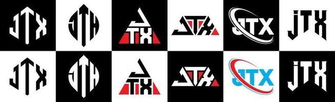 jtx brief logo ontwerp in zes stijl. jtx veelhoek, cirkel, driehoek, zeshoek, vlak en gemakkelijk stijl met zwart en wit kleur variatie brief logo reeks in een tekengebied. jtx minimalistische en klassiek logo vector