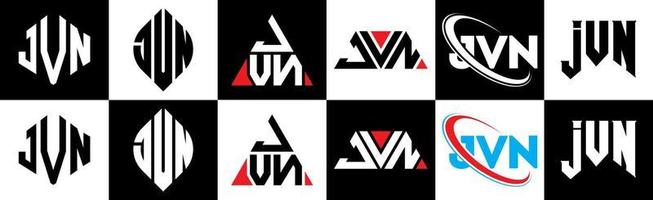 jvn brief logo ontwerp in zes stijl. jvn veelhoek, cirkel, driehoek, zeshoek, vlak en gemakkelijk stijl met zwart en wit kleur variatie brief logo reeks in een tekengebied. jvn minimalistische en klassiek logo vector