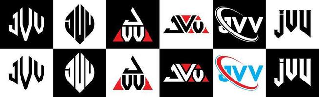 jvv brief logo ontwerp in zes stijl. jvv veelhoek, cirkel, driehoek, zeshoek, vlak en gemakkelijk stijl met zwart en wit kleur variatie brief logo reeks in een tekengebied. jvv minimalistische en klassiek logo vector