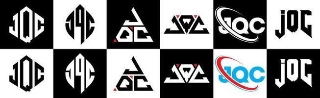 jqc brief logo ontwerp in zes stijl. jqc veelhoek, cirkel, driehoek, zeshoek, vlak en gemakkelijk stijl met zwart en wit kleur variatie brief logo reeks in een tekengebied. jqc minimalistische en klassiek logo vector