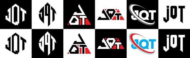 jqt brief logo ontwerp in zes stijl. jqt veelhoek, cirkel, driehoek, zeshoek, vlak en gemakkelijk stijl met zwart en wit kleur variatie brief logo reeks in een tekengebied. jqt minimalistische en klassiek logo vector