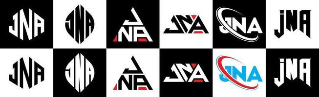 jna brief logo ontwerp in zes stijl. jna veelhoek, cirkel, driehoek, zeshoek, vlak en gemakkelijk stijl met zwart en wit kleur variatie brief logo reeks in een tekengebied. jna minimalistische en klassiek logo vector