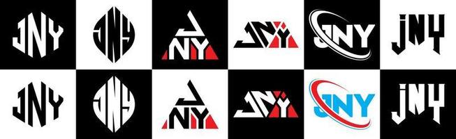 jny brief logo ontwerp in zes stijl. jny veelhoek, cirkel, driehoek, zeshoek, vlak en gemakkelijk stijl met zwart en wit kleur variatie brief logo reeks in een tekengebied. jny minimalistische en klassiek logo vector