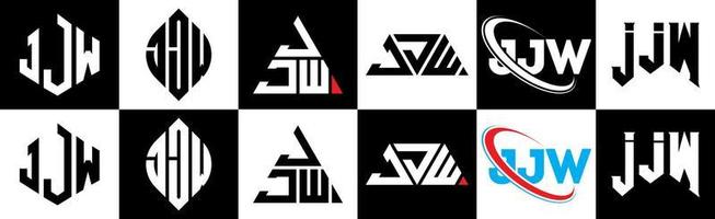 jjw brief logo ontwerp in zes stijl. jjw veelhoek, cirkel, driehoek, zeshoek, vlak en gemakkelijk stijl met zwart en wit kleur variatie brief logo reeks in een tekengebied. jjw minimalistische en klassiek logo vector