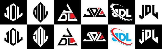 jdl brief logo ontwerp in zes stijl. jdl veelhoek, cirkel, driehoek, zeshoek, vlak en gemakkelijk stijl met zwart en wit kleur variatie brief logo reeks in een tekengebied. jdl minimalistische en klassiek logo vector