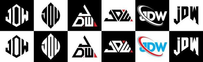 jdw brief logo ontwerp in zes stijl. jdw veelhoek, cirkel, driehoek, zeshoek, vlak en gemakkelijk stijl met zwart en wit kleur variatie brief logo reeks in een tekengebied. jdw minimalistische en klassiek logo vector