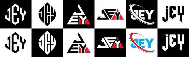 jey brief logo ontwerp in zes stijl. jey veelhoek, cirkel, driehoek, zeshoek, vlak en gemakkelijk stijl met zwart en wit kleur variatie brief logo reeks in een tekengebied. jey minimalistische en klassiek logo vector