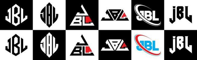 jbl brief logo ontwerp in zes stijl. jbl veelhoek, cirkel, driehoek, zeshoek, vlak en gemakkelijk stijl met zwart en wit kleur variatie brief logo reeks in een tekengebied. jbl minimalistische en klassiek logo vector