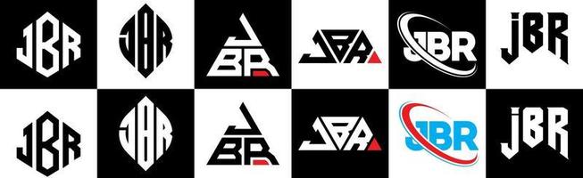 jbr brief logo ontwerp in zes stijl. jbr veelhoek, cirkel, driehoek, zeshoek, vlak en gemakkelijk stijl met zwart en wit kleur variatie brief logo reeks in een tekengebied. jbr minimalistische en klassiek logo vector