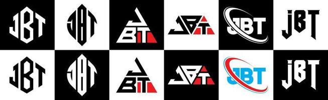 jbt brief logo ontwerp in zes stijl. jbt veelhoek, cirkel, driehoek, zeshoek, vlak en gemakkelijk stijl met zwart en wit kleur variatie brief logo reeks in een tekengebied. jbt minimalistische en klassiek logo vector