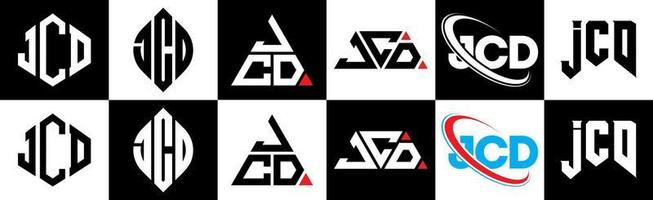 jcd brief logo ontwerp in zes stijl. jcd veelhoek, cirkel, driehoek, zeshoek, vlak en gemakkelijk stijl met zwart en wit kleur variatie brief logo reeks in een tekengebied. jcd minimalistische en klassiek logo vector