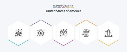 Verenigde Staten van Amerika 25 lijn icoon pak inclusief monument. teken. Amerikaans. fase. Verenigde Staten van Amerika vector