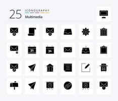 multimedia 25 solide glyph icoon pak inclusief mail. lijst. valentijn. klembord. multimedia vector