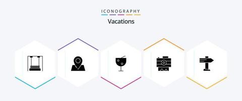 vakanties 25 glyph icoon pak inclusief cam . camera . wijzer . fruit sap glas vector