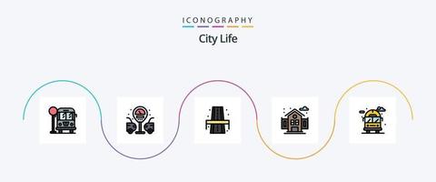 stad leven lijn gevulde vlak 5 icoon pak inclusief . bus. rood. leven. school- vector